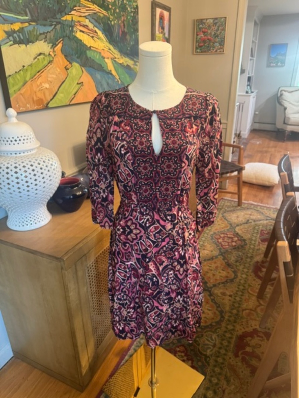 Suncoo Paris Paisley Floral Keyhole Long Sleeve Mini Dress T1 Small